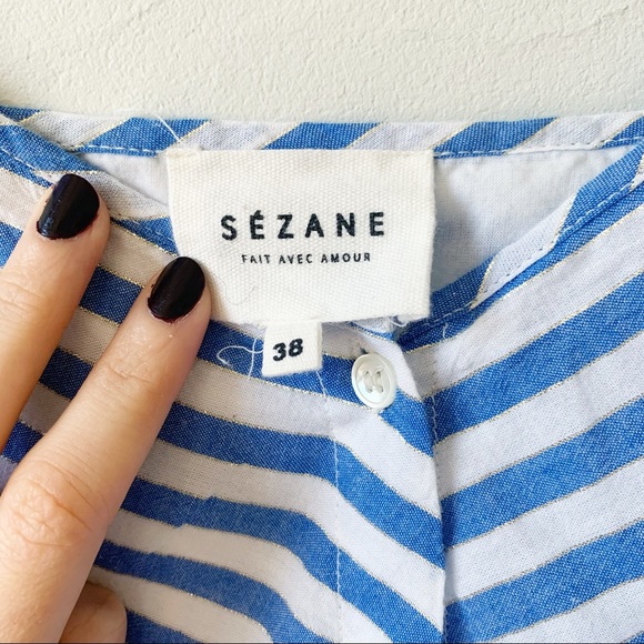 Sezane Felicie Dress in Ecru Blue Silver Tiered Button Down Tassel Tie Size 6 - Picture 6 of 10